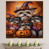 Biewer Terrier Dog Family Halloween Canvas Wall Art with Pumpkins Fall Farmhouse Decor for Pet Lovers on Ready to Hang 1.5" Thick Canvas Wrap, Floating Framed Canvas, Flat Rolled Canvas